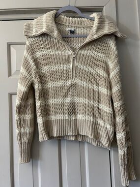 American Eagle Outfitters Cream & Beige Striped Half-Zip Sweater